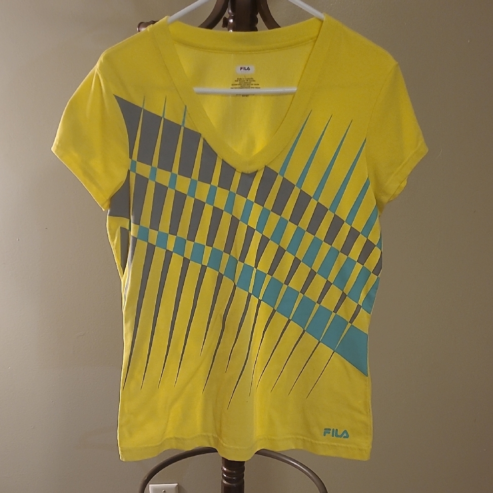 SOLD Fila Women's Yellow Tee with Gray and Teal Design NWOT Size Large